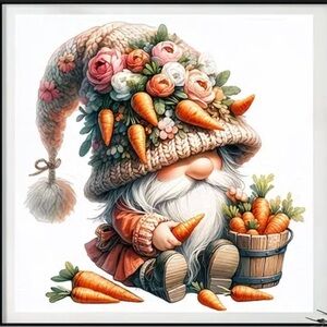 Gnome with Carrots and Flowers Diamond Art Kit